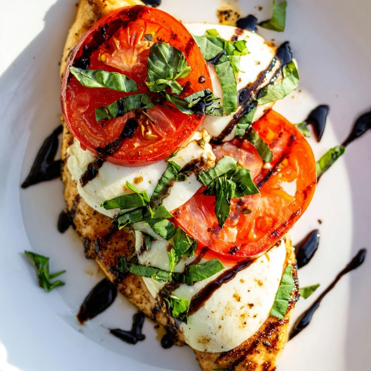 Sizzling Caprese Chicken Skillet in a pan, topped with balsamic glaze and served over zucchini noodles.