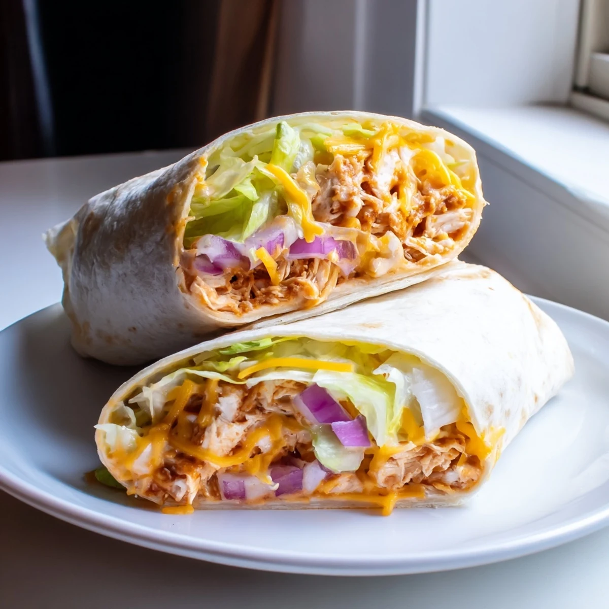 A close-up of a Buffalo Ranch Chicken Wrap, sliced in half to reveal layers of shredded chicken coated in spicy buffalo sauce, crisp romaine lettuce, and melted cheddar cheese wrapped in a golden flour tortilla.