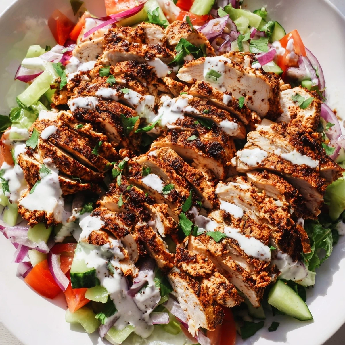 Tender, aromatic shawarma chicken rests on a bed of crisp cucumbers, tomatoes, and parsley, finished with a generous dollop of tangy yogurt sauce.