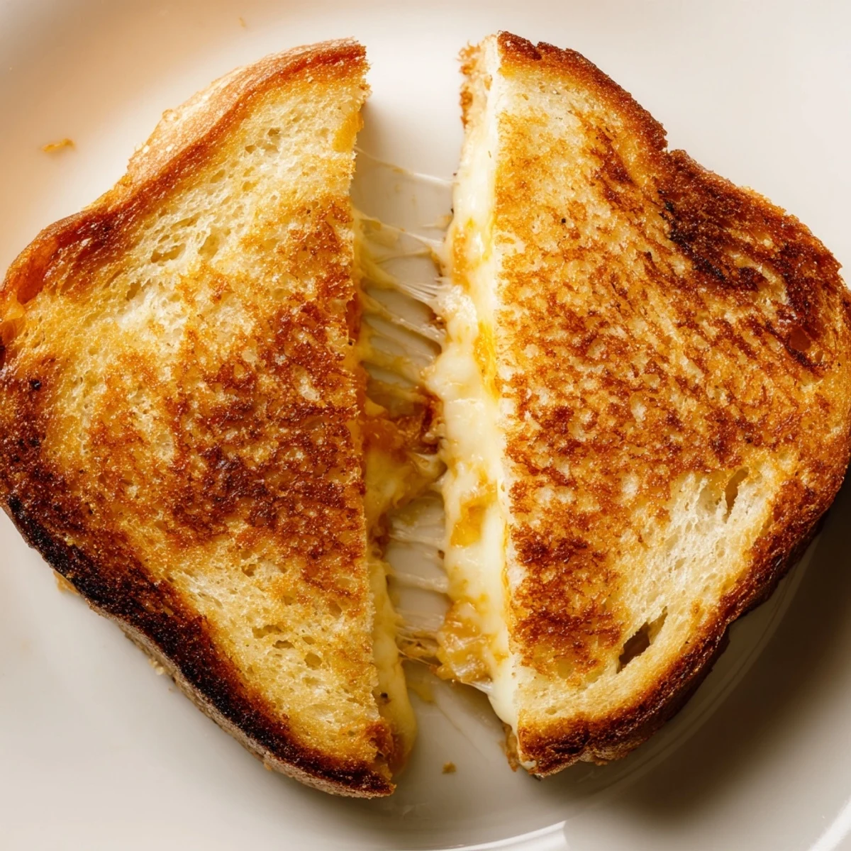 Golden-brown Three-Cheese Grilled Cheese sandwich sliced in half, revealing a gooey melt of mozzarella, cheddar, and provolone on crispy sourdough.  