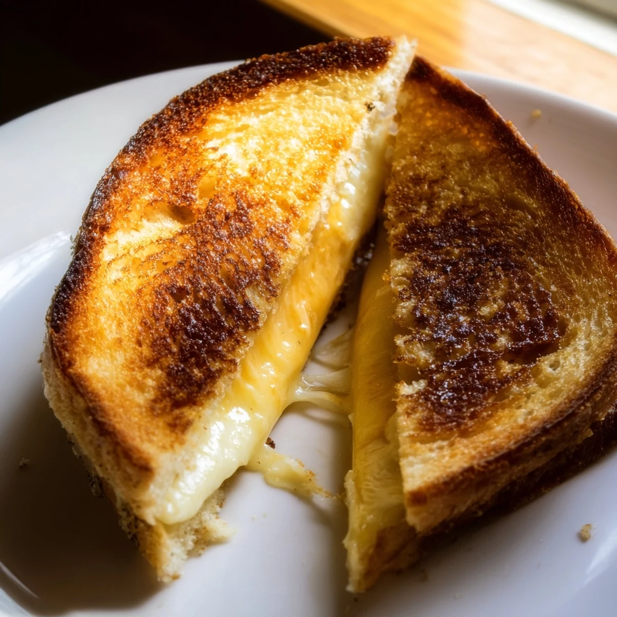 Freshly made Three-Cheese Grilled Cheese rests on a rustic board, its buttery, golden crust contrasting with the colorful, melted cheese inside.  