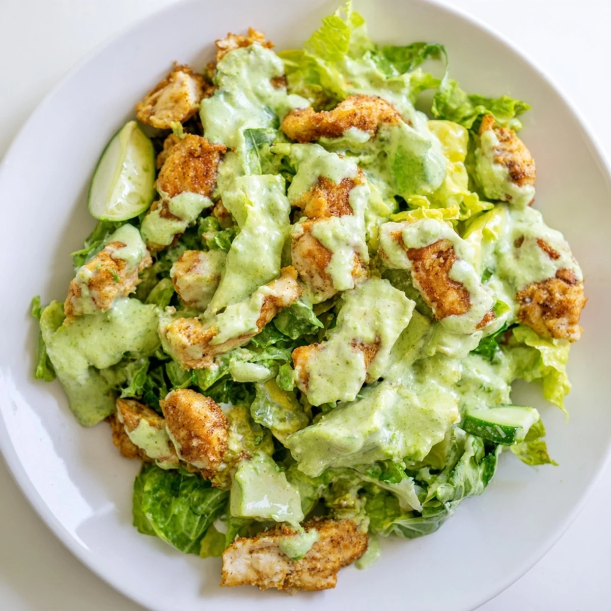 Grilled chicken chunks tossed with creamy avocado ranch dressing, crisp cherry tomatoes, and diced cucumber served over fresh mixed greens.  