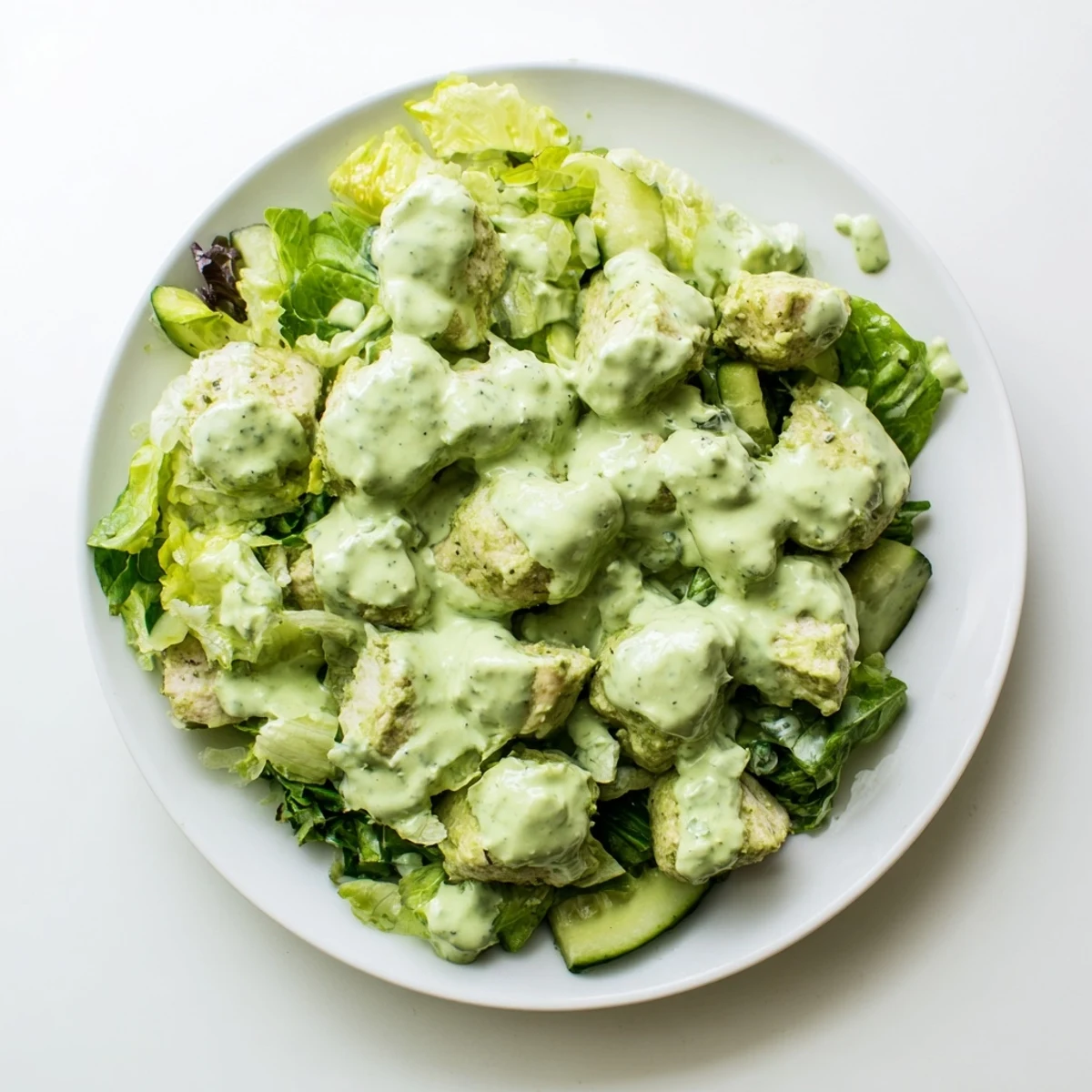 A close-up of Avocado Ranch Chicken Salad showing vibrant salad greens, halved tomatoes, and herbs garnishing the dish.  