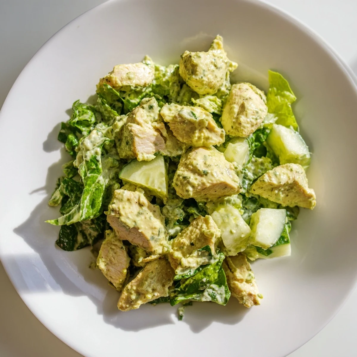 Tender chicken breast pieces mixed with avocado ranch, celery, and red onion for a refreshing, light lunch salad.