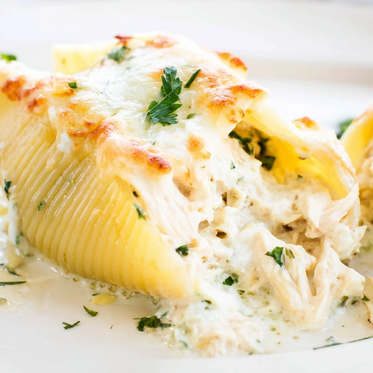Close-up view of a spoon scooping into creamy Chicken Alfredo Stuffed Shells, revealing the rich ricotta and chicken filling.