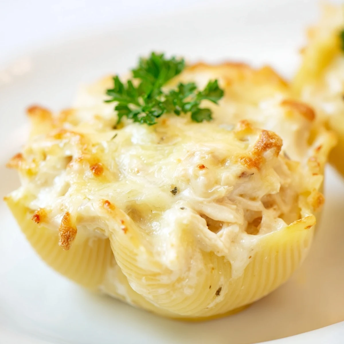 Golden baked Chicken Alfredo Stuffed Shells resting in a ceramic dish, with bubbling cheese and fresh parsley garnish.
