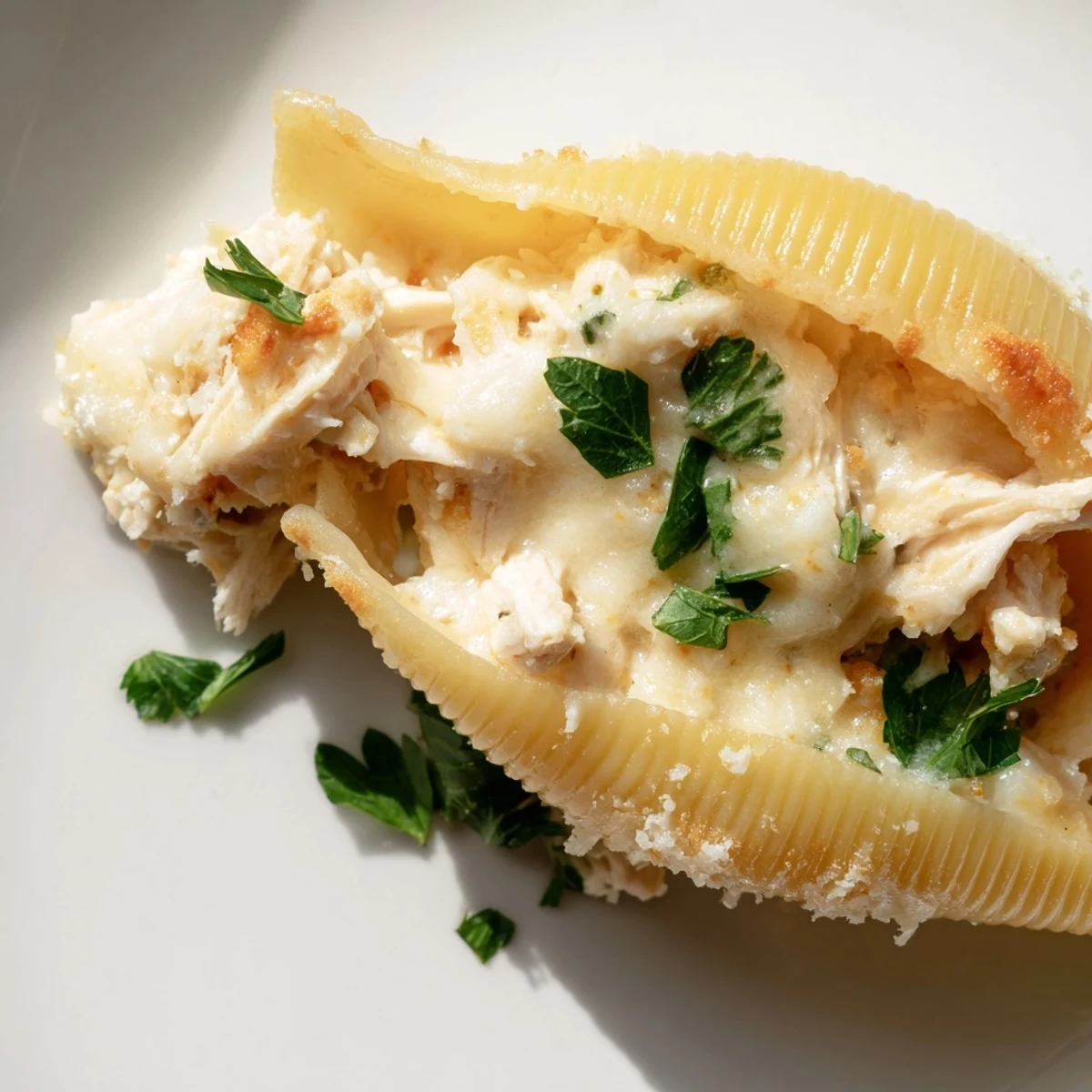 A rustic wooden table setting features a serving of Chicken Alfredo Stuffed Shells alongside a green salad and garlic bread.