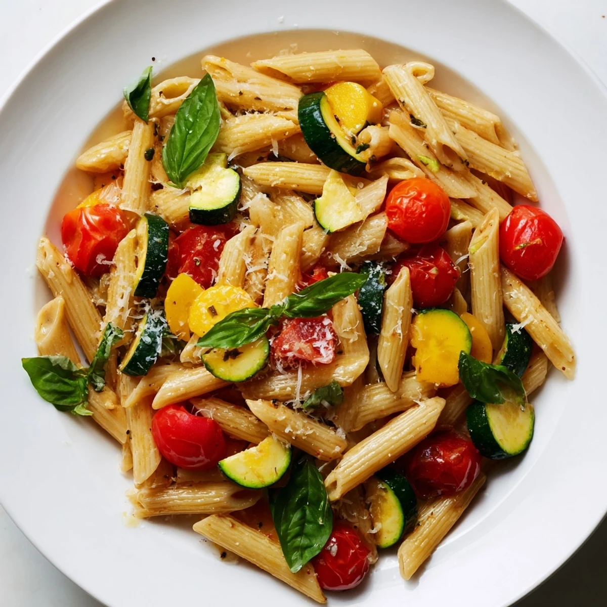 Bright green zucchini and yellow squash mingle with halved cherry tomatoes and al dente penne, tossed in a light garlic and olive oil sauce.