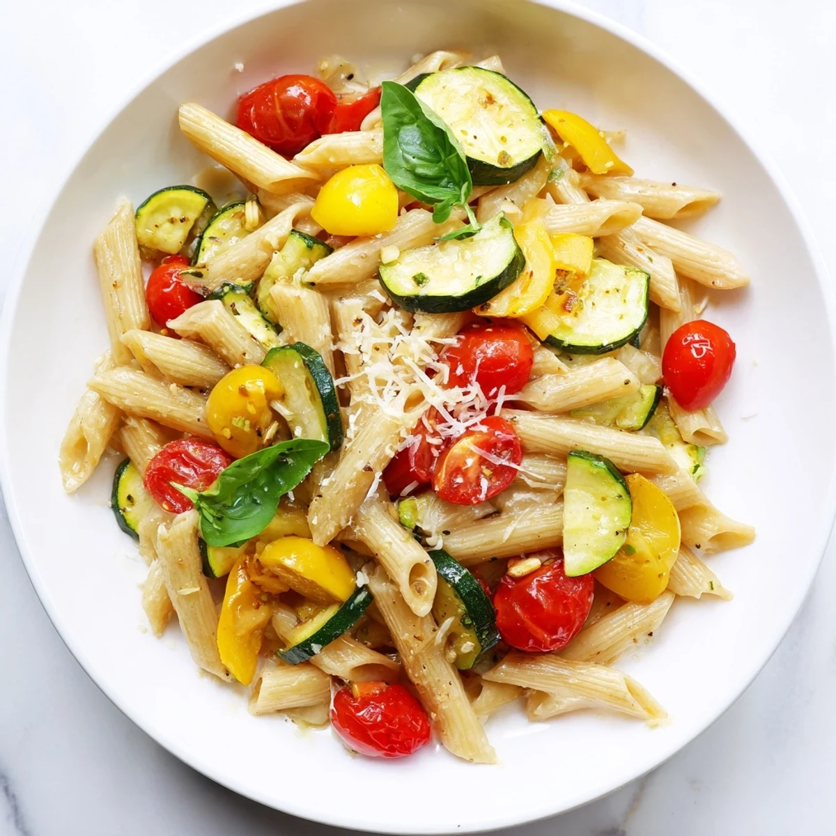 Garden Veggie Pasta shines with fresh basil and Parmesan, served warm in a white bowl for a summery vegetarian meal.