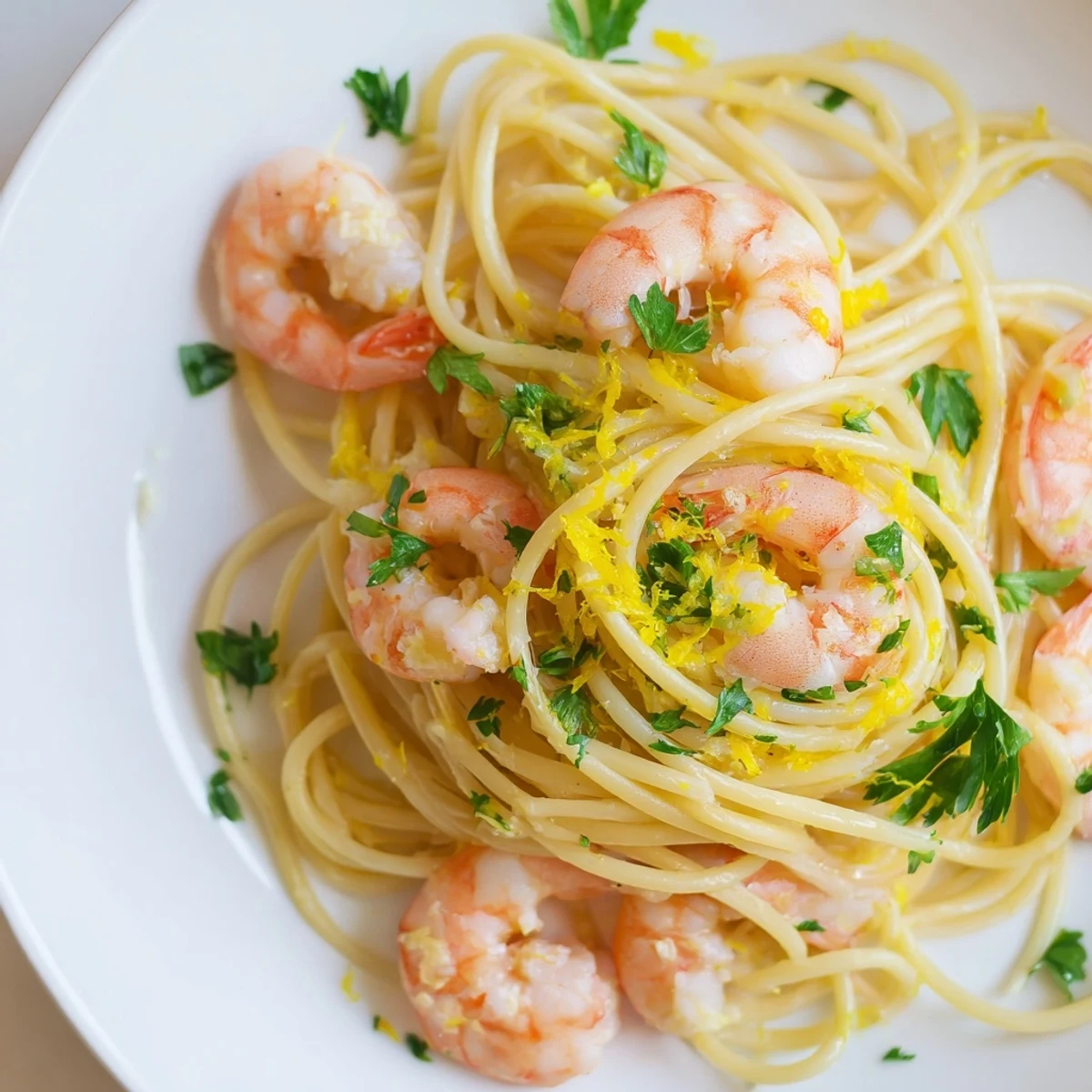 Bright yellow lemon wedges and plump, pink shrimp mingle with tangled strands of spaghetti in this finished Lemon Garlic Shrimp Pasta dish.