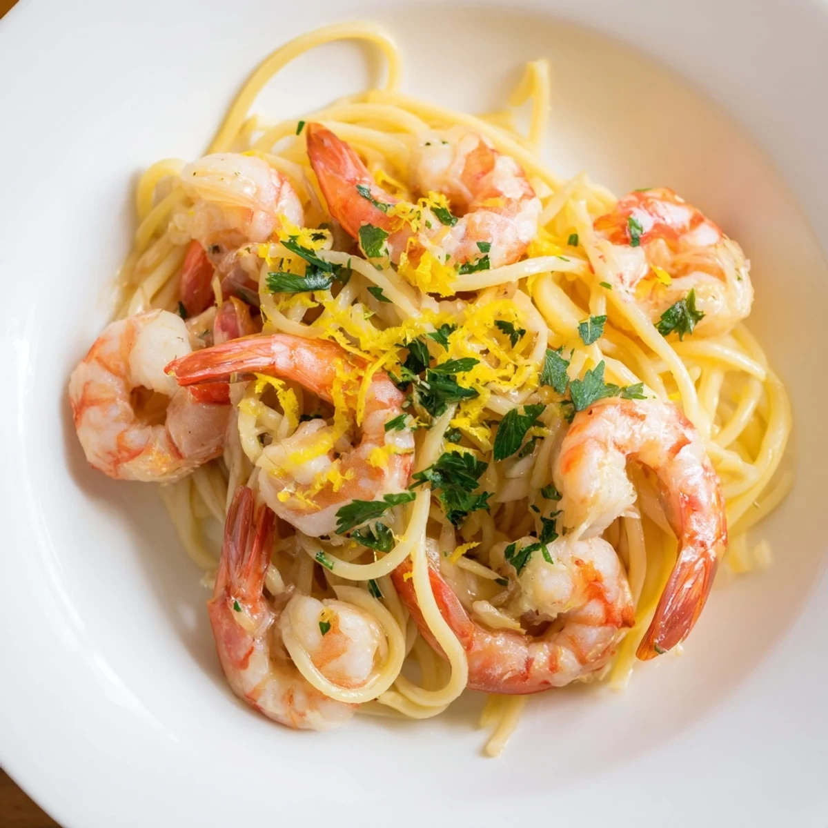 Freshly chopped parsley and grated Parmesan garnish this steaming skillet of Lemon Garlic Shrimp Pasta, ready for a family dinner.