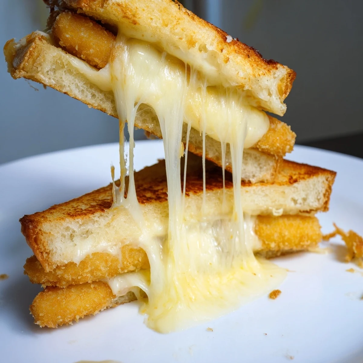 Golden-brown Mozzarella Stick Grilled Cheese sandwiches on a plate, oozing melted cheese and marinara dip.
