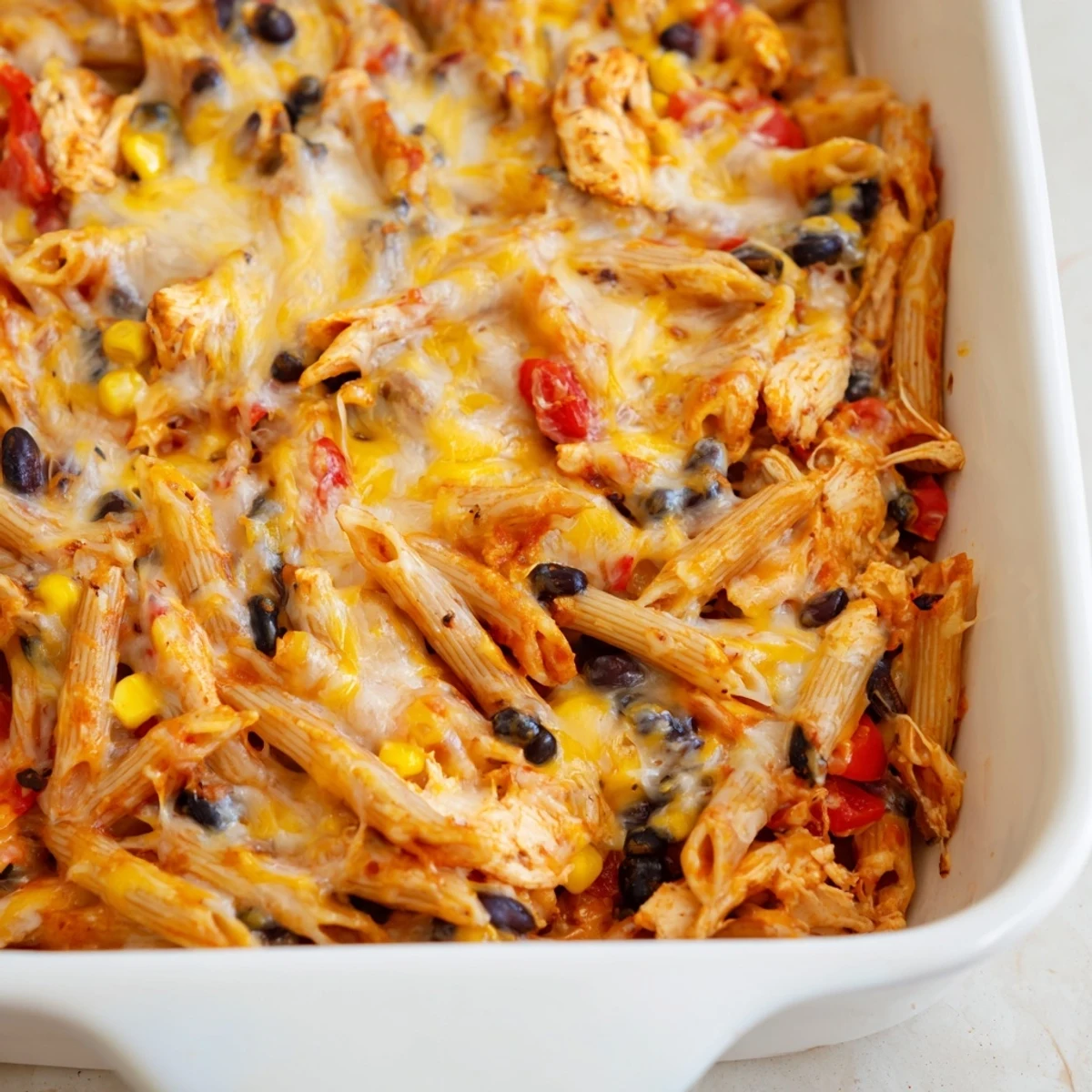 Freshly baked Chicken Burrito Pasta Bake with melted cheddar and Monterey Jack cheese bubbling over a Tex-Mex pasta filling.