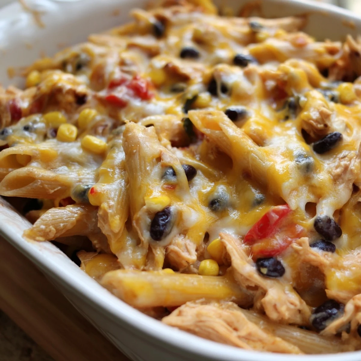 A close-up of Chicken Burrito Pasta Bake showing shredded chicken, black beans, corn, and salsa mixed into penne pasta.