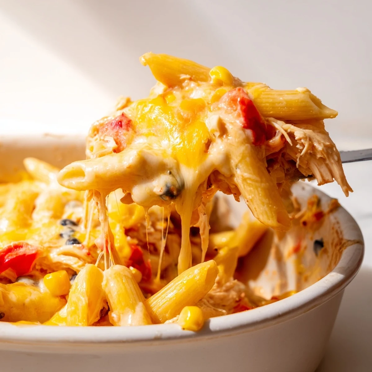 Serving of Chicken Burrito Pasta Bake topped with cilantro and jalapeños on a plate with lime wedges.