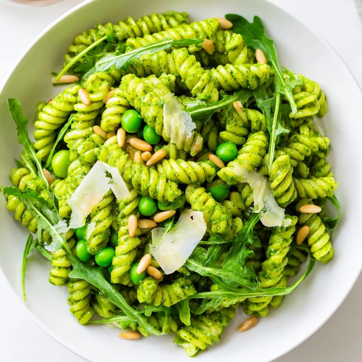 A close-up of chilled Spring Green Pesto Pasta Salad garnished with toasted pine nuts and fresh lemon zest.