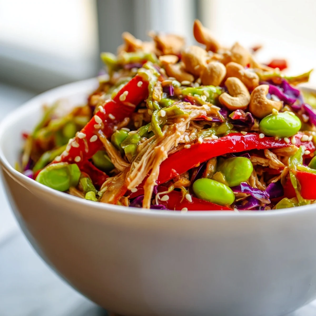Edamame Crunch Chicken Salad features shredded chicken, crisp green and red cabbage, and vibrant carrots tossed in a zesty ginger dressing.