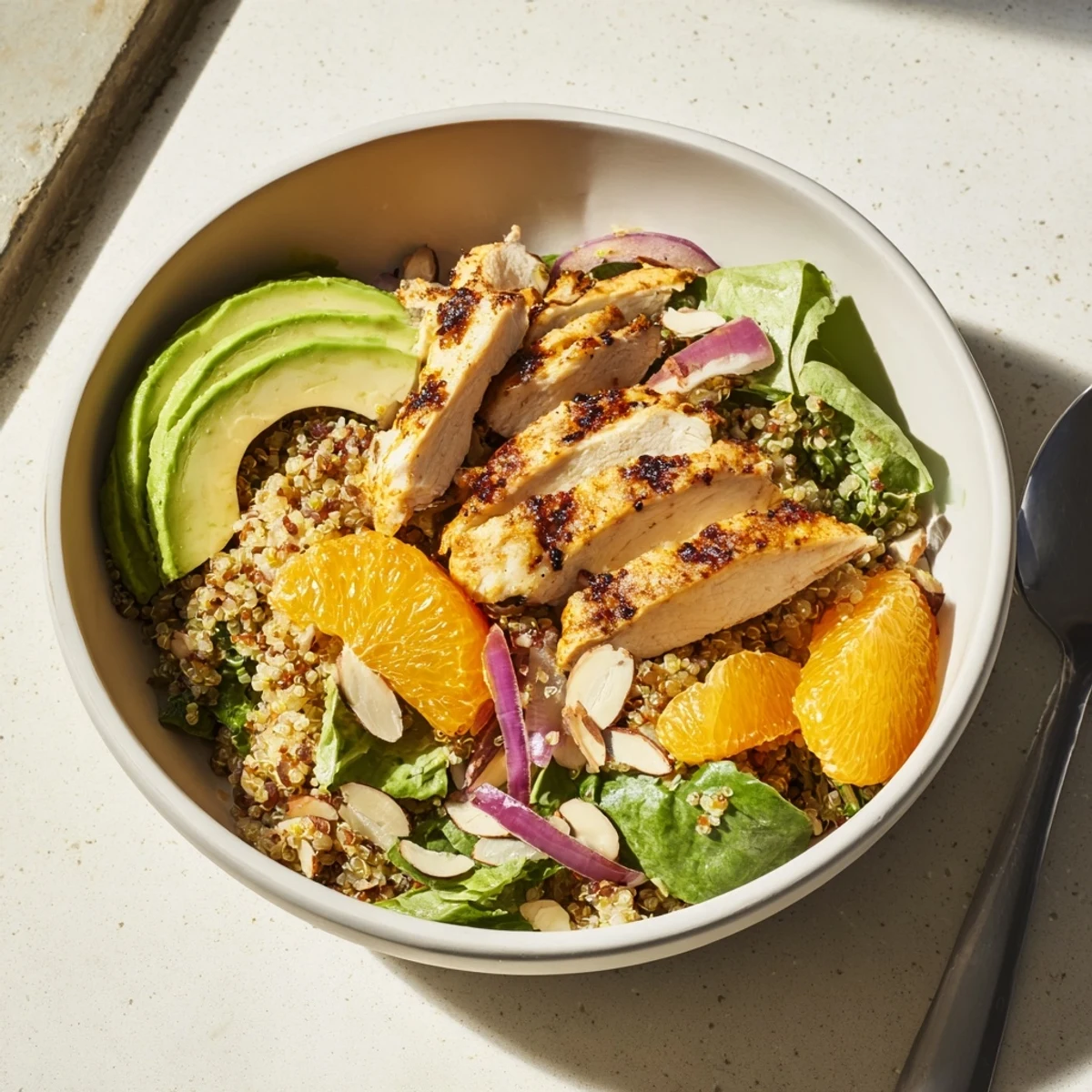 Juicy herb-marinated grilled chicken sits atop fluffy quinoa and vibrant greens, drizzled with zesty citrus vinaigrette for a refreshing Citrus Herb Chicken Salad Bowl.