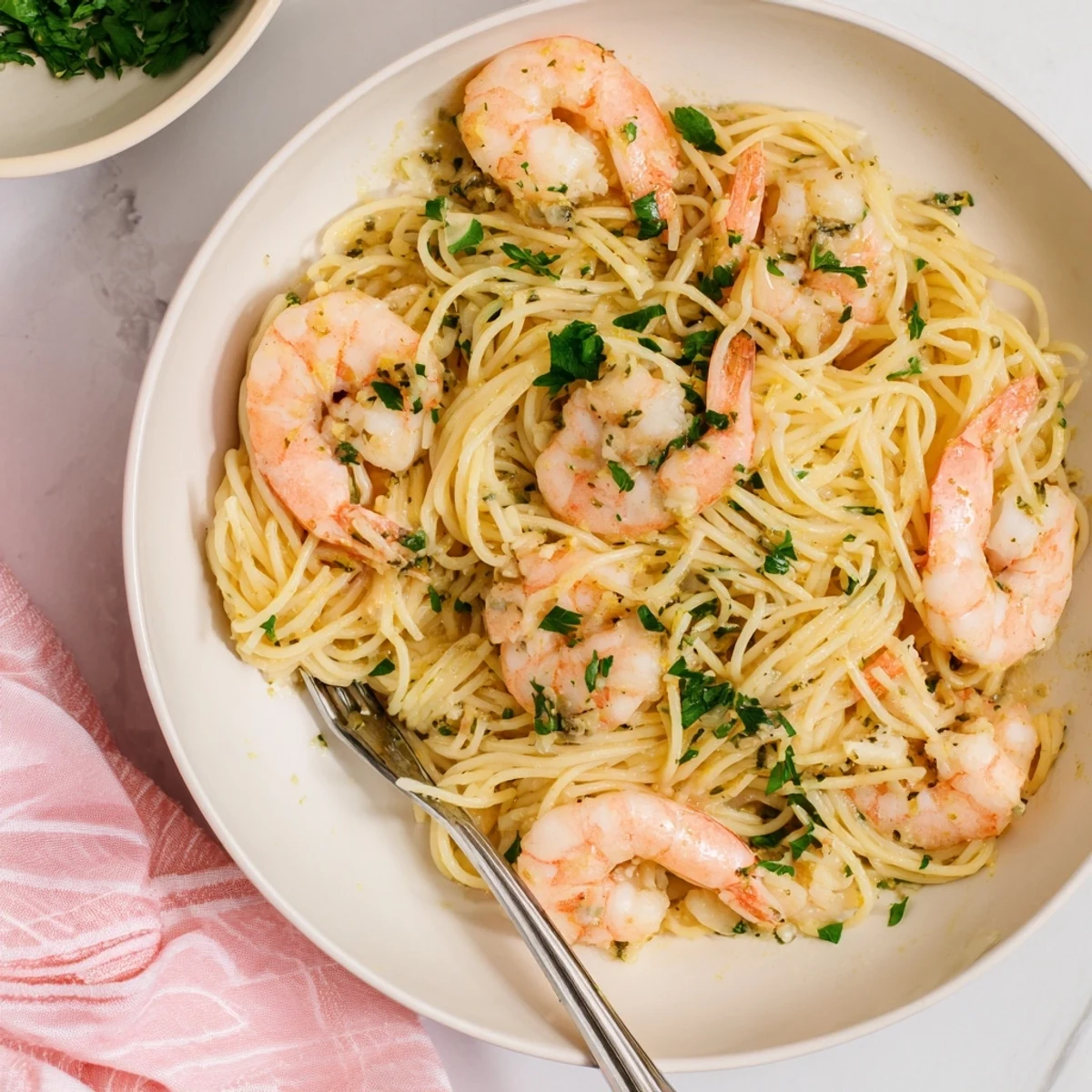Succulent shrimp sizzling in a light lemon-butter sauce over delicate angel hair pasta, topped with fresh parsley for a quick, pescatarian-friendly weeknight meal.