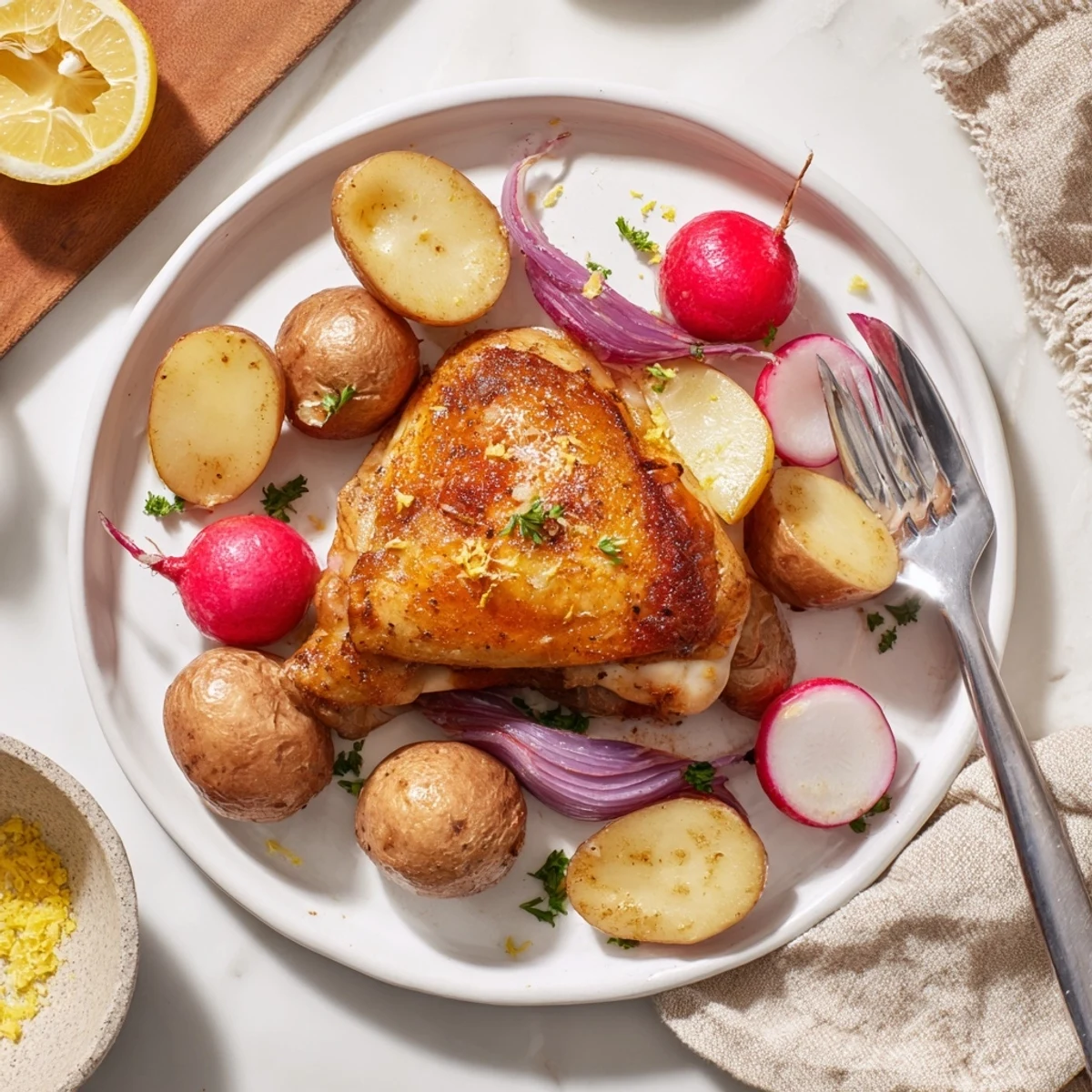 Golden roasted radishes and caramelized potatoes nestle beside crispy-skinned chicken thighs in this Roasted Radish & Chicken Sheet Pan.