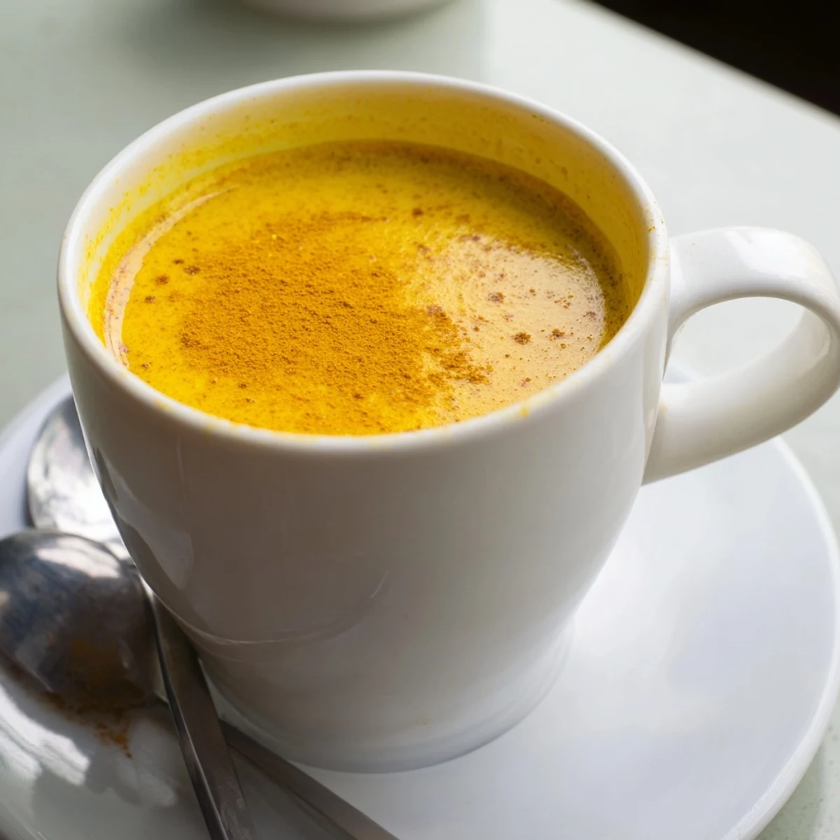 Pouring creamy Turmeric and Ginger Golden Milk into a ceramic mug.