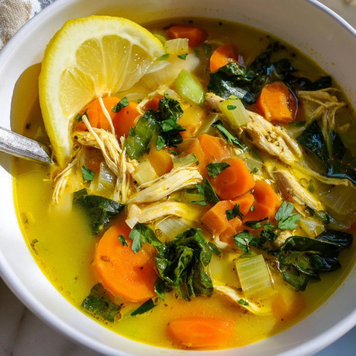 A close-up of High Protein Lemon and Turmeric Chicken Soup with tender chicken, carrots, and baby kale in a golden broth.