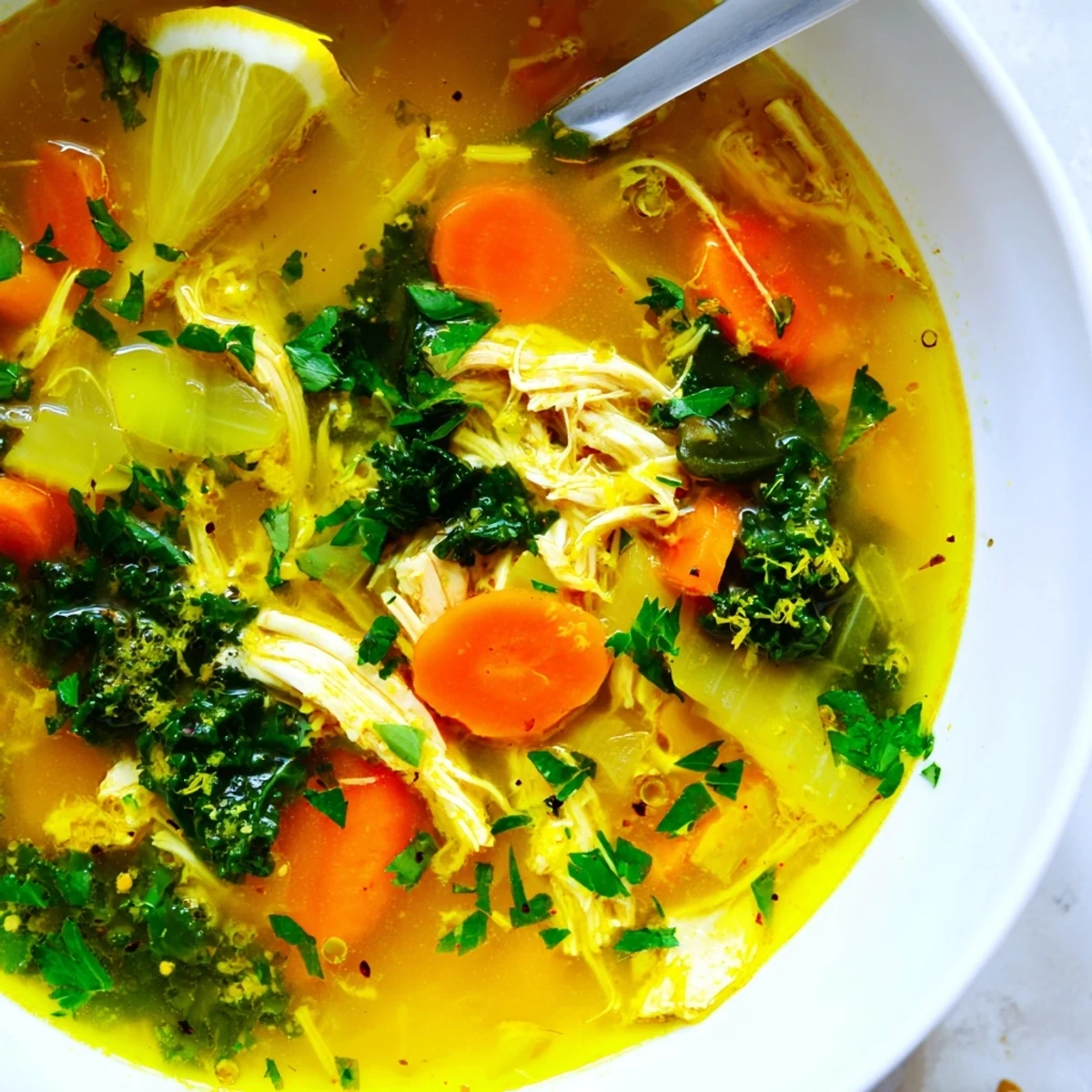A ladle of High Protein Lemon and Turmeric Chicken Soup, garnished with fresh parsley and a lemon wedge, served in a rustic bowl.
