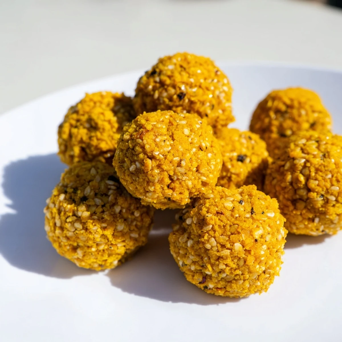 Fresh Ginger Turmeric Energy Balls rolled in shredded coconut on a white plate, highlighting their golden hue and chewy texture.