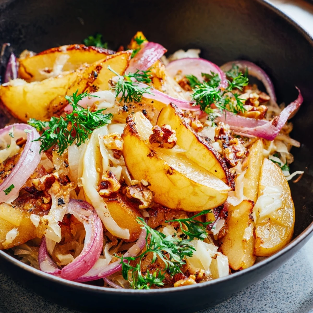 Golden slices of Warm Apple and Sauerkraut Skillet Salad sizzling in a skillet with caramelized red onion and caraway seeds.  