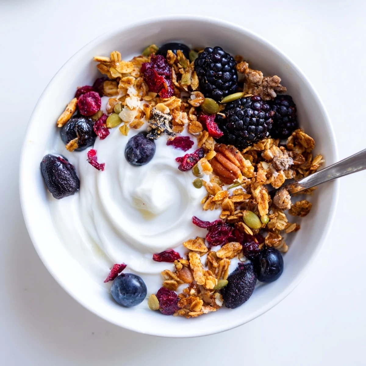 Creamy probiotic yogurt and spiced crunch top a colorful bowl of winter berries, perfect for a cozy, nourishing morning meal.  