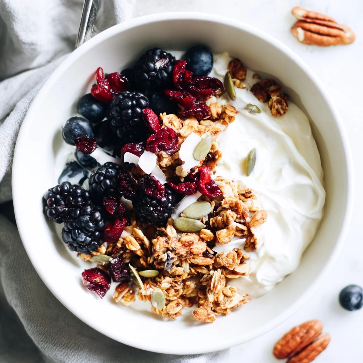 A close-up of the Yogurt Bowl with Winter Berries and Spiced Crunch, with cinnamon-dusted oats and jewel-toned fruit.  