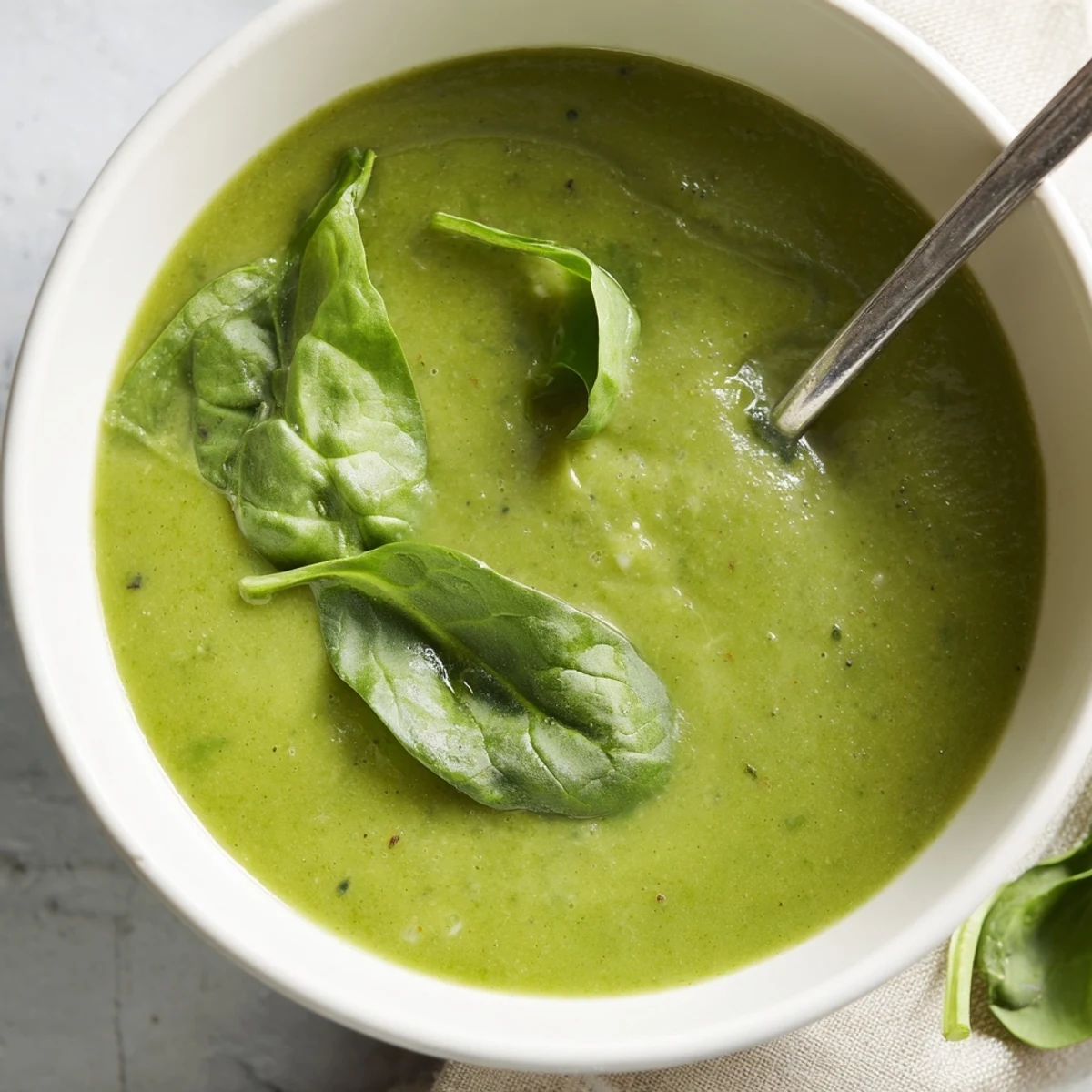 A close-up of creamy green Big Green Immunity-Boosting Vegetable Soup in a rustic bowl, garnished with fresh spinach and a drizzle of olive oil.