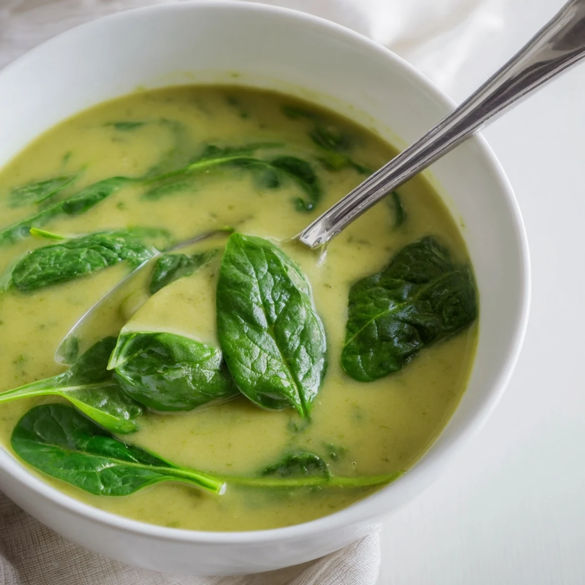 Overhead view of vibrant, steaming Big Green Immunity-Boosting Vegetable Soup with visible blended greens and a side of crusty whole-grain bread.
