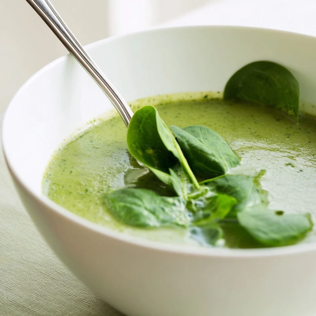 A ladle dipping into a pot of velvety, bright green Big Green Immunity-Boosting Vegetable Soup, highlighting its smooth, nourishing texture.