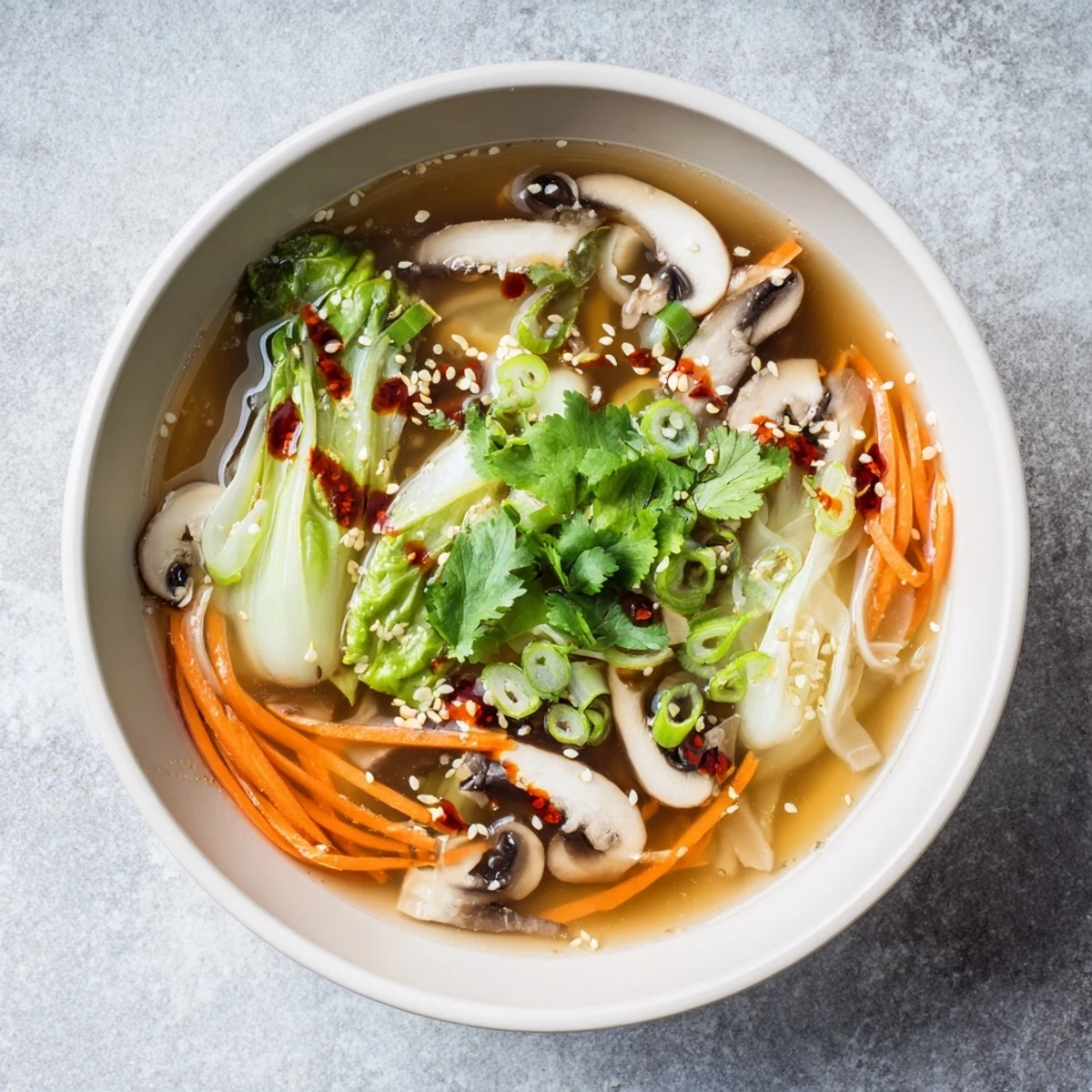 A steaming bowl of Ginger-Miso Winter Soup topped with scallions, toasted sesame seeds, and a drizzle of chili oil.  
