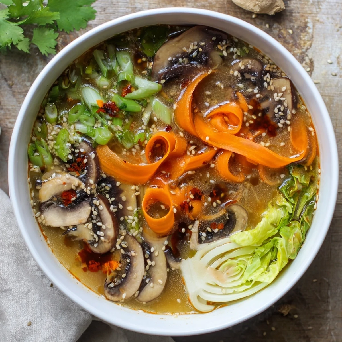 Close-up of Ginger-Miso Winter Soup with fresh herbs, julienned carrots, and shiitake mushrooms for a cozy meal.