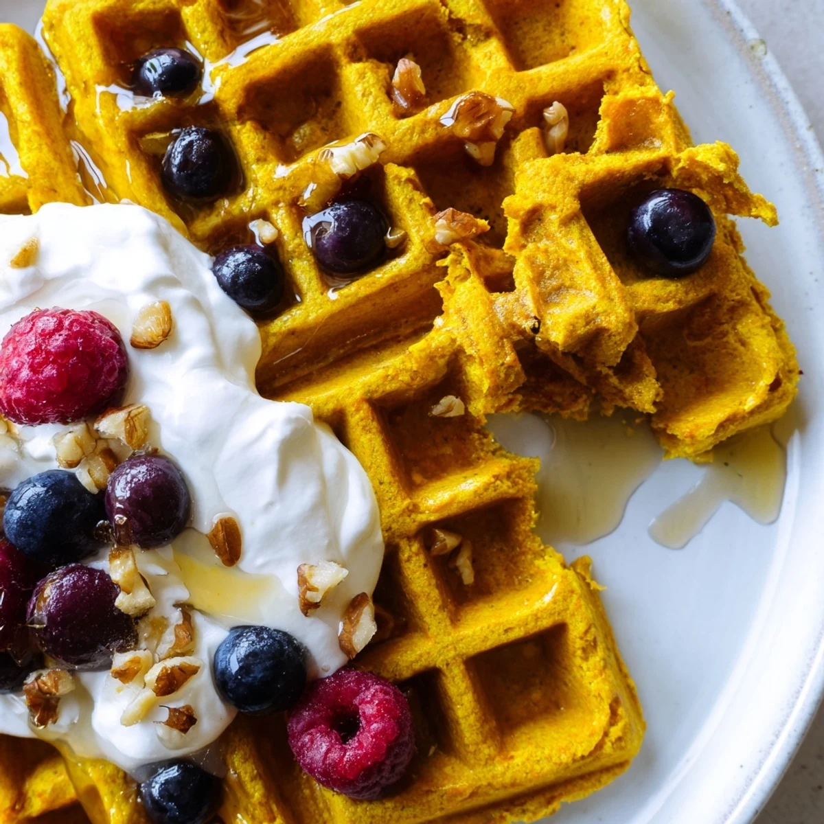 Golden, fluffy Anti-Inflammatory Adaptogenic Turmeric Waffles stacked high with fresh berries and a maple syrup drizzle.