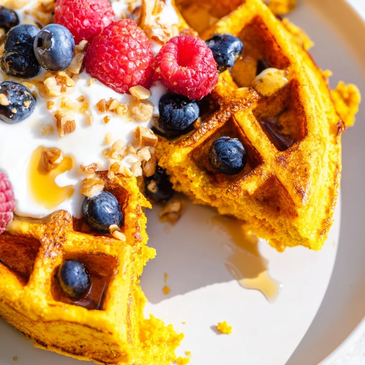 Steam rises from warm Anti-Inflammatory Adaptogenic Turmeric Waffles served with a cup of chai tea nearby.