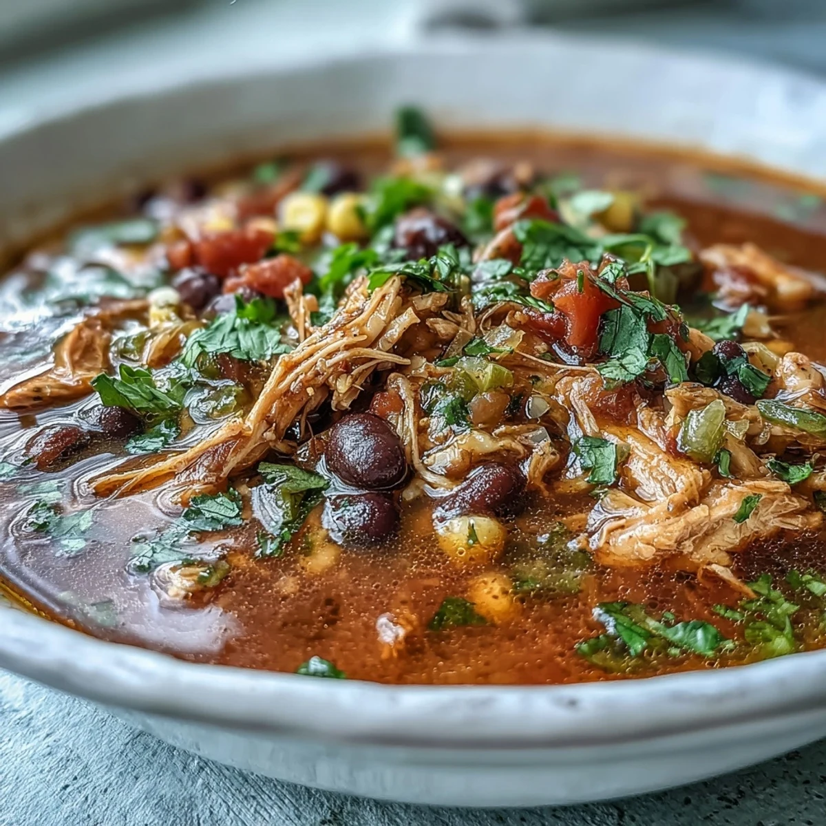 A steaming bowl of Southwestern Turkey Soup loaded with turkey, black beans, and corn, topped with fresh avocado and cilantro.