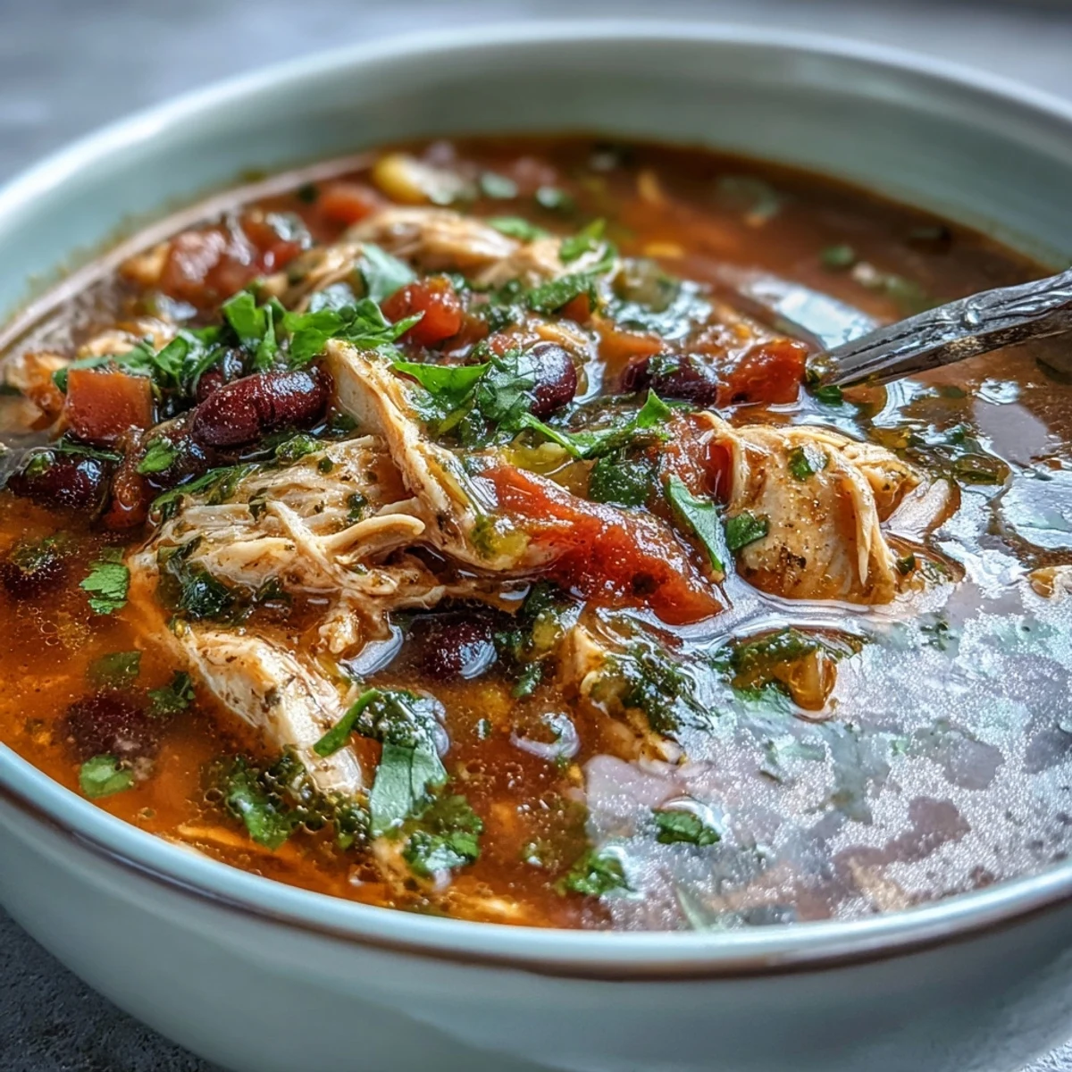 Close-up of Southwestern Turkey Soup in a rustic bowl, showing tender turkey chunks and vibrant red tomatoes in a rich broth.
