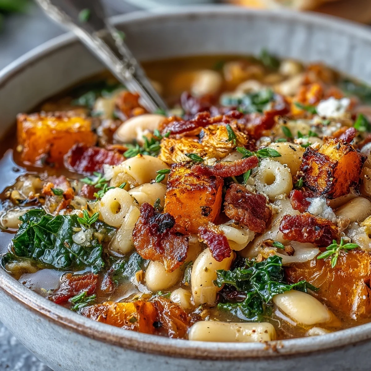 Ladle of steaming Fall Minestrone featuring butternut squash, ditalini pasta, and a savory tomato broth.