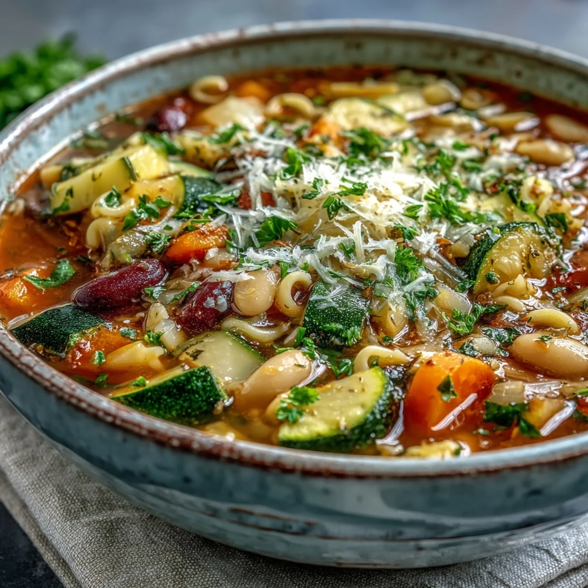 A ladle serves Minestrone Soup from a large pot, surrounded by fresh ingredients and crusty Italian bread on the side.