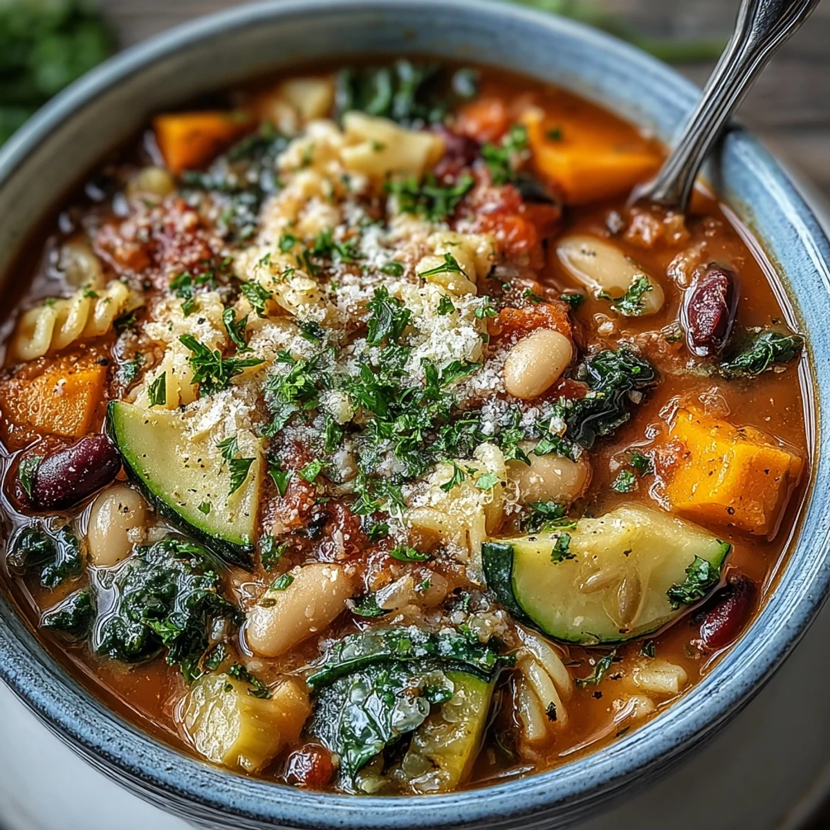 Hearty Italian Winter Minestrone Soup simmering in a pot, showcasing colorful zucchini, carrots, and pasta, ready for a cozy meal.
