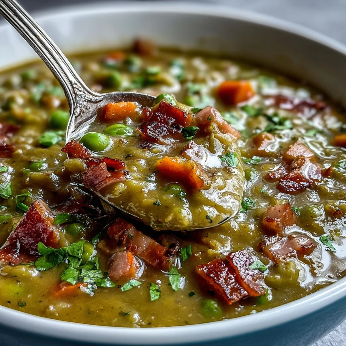 Thick and hearty Split Pea and Ham Soup, packed with tender vegetables, served steaming hot in a rustic bowl.