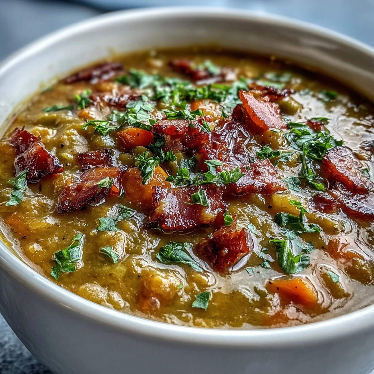 Creamy Split Pea and Ham Soup bubbling in a pot, featuring tender carrots, celery, and savory ham hock.