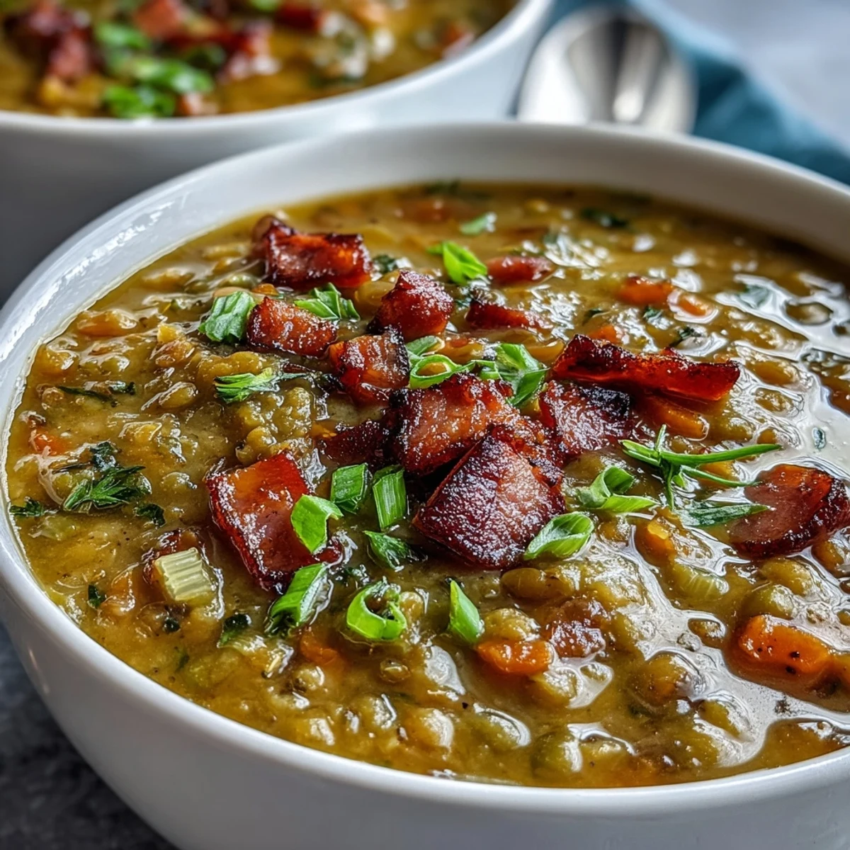 Comforting bowl of homemade Split Pea and Ham Soup, garnished with fresh herbs and a side of crusty bread.