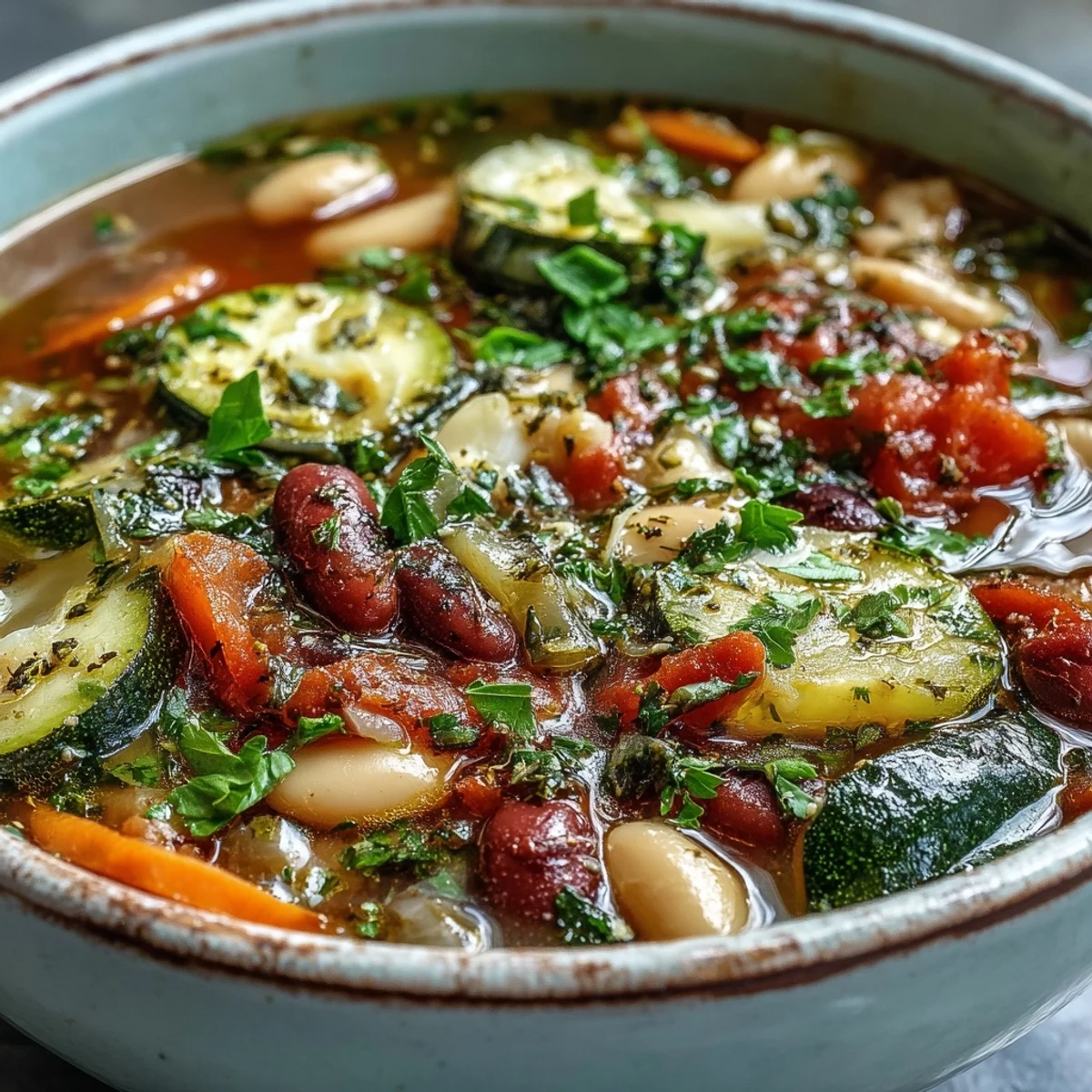 A cozy bowl of Minestrone Soup served hot with crusty bread for dipping into the broth.