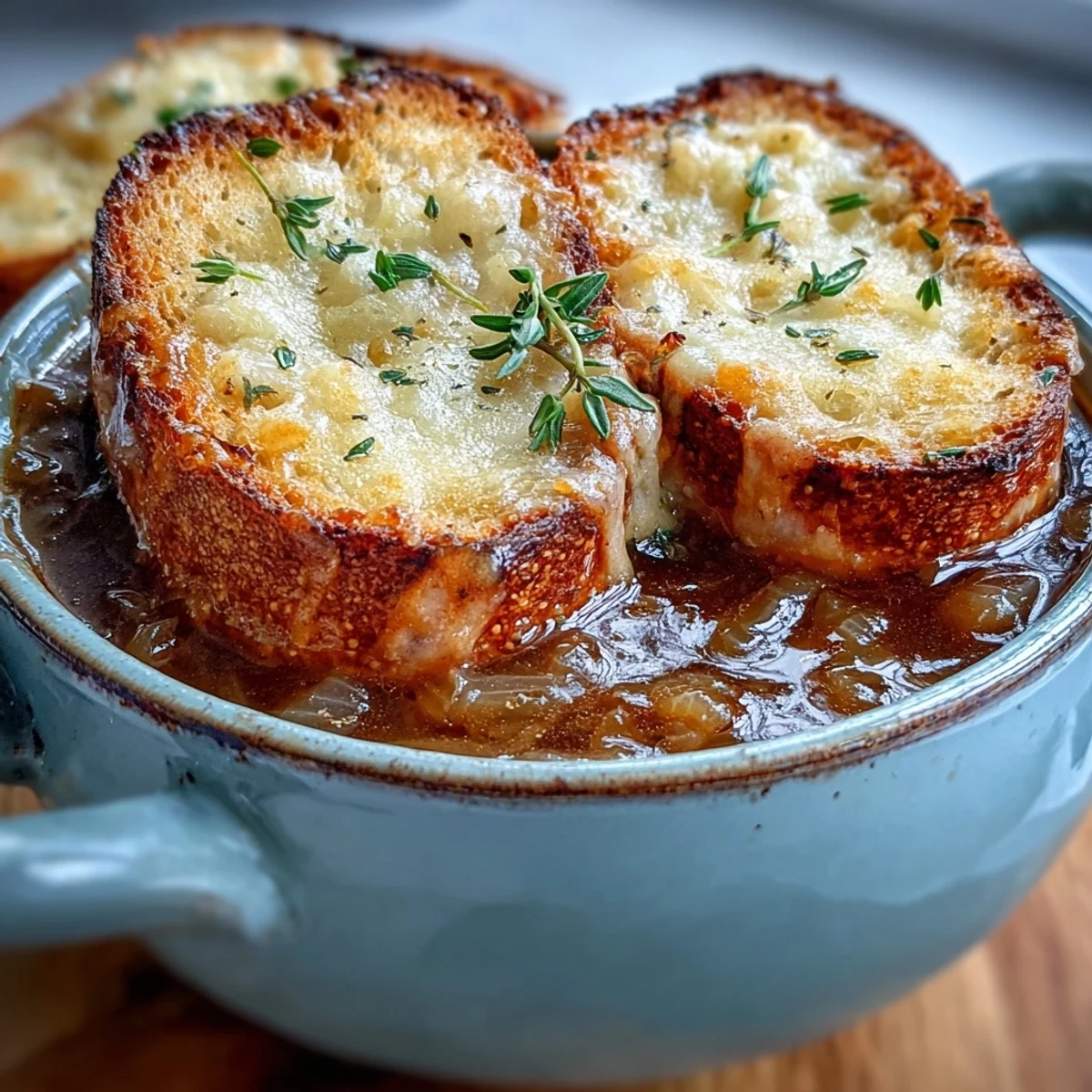 A bowl of Dutch Oven French Onion Soup with melted Gruyère bubbling over toasted baguette.