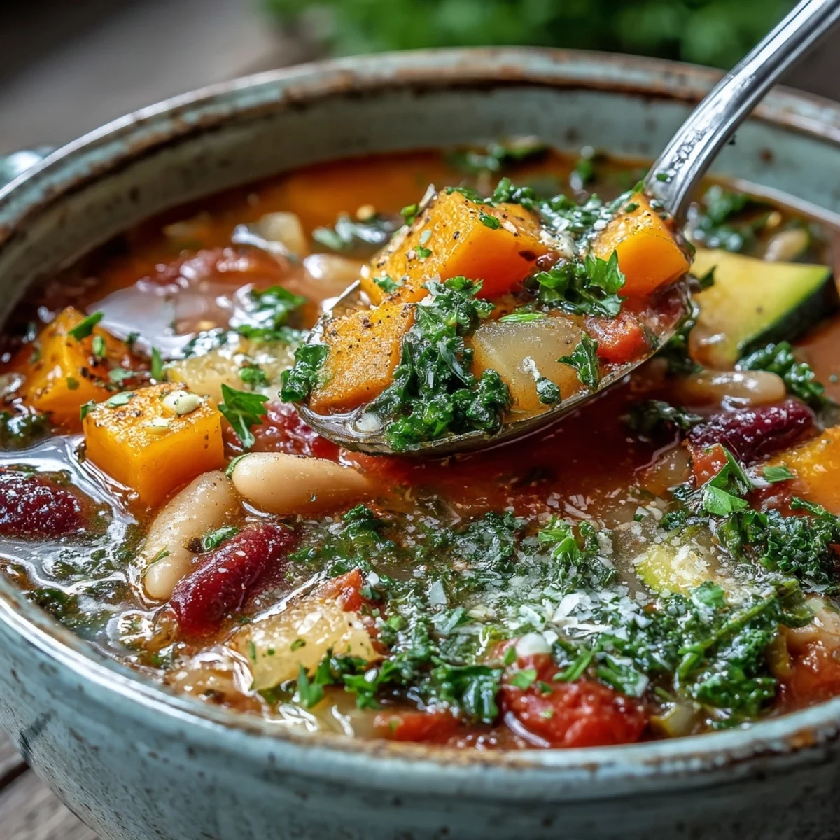 Winter Minestrone Soup steaming in a rustic bowl, featuring tender butternut squash, kale, and white beans in a rich broth.