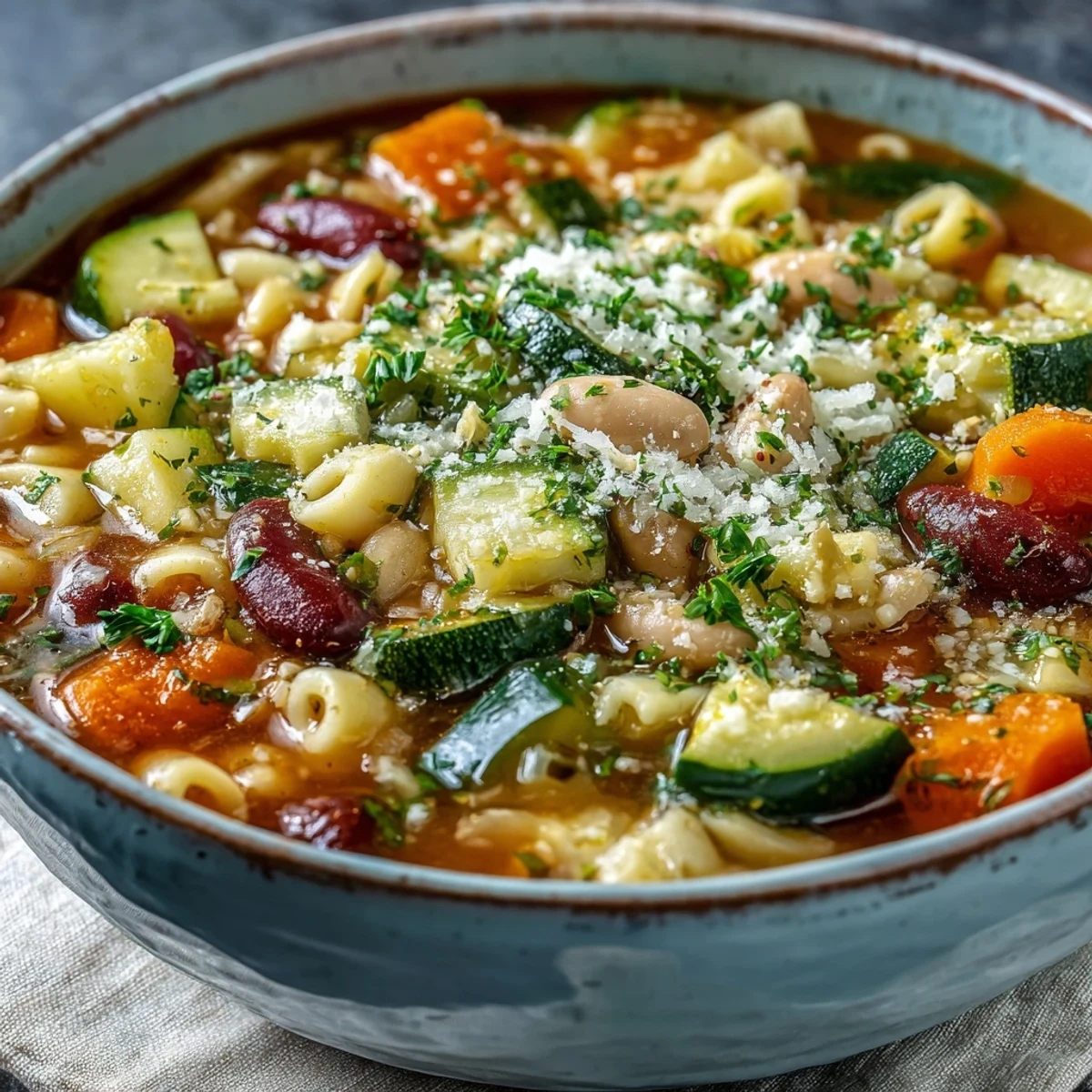 Homemade Minestrone Soup steaming in a rustic bowl with colorful vegetables, pasta, and beans, ready to enjoy.
